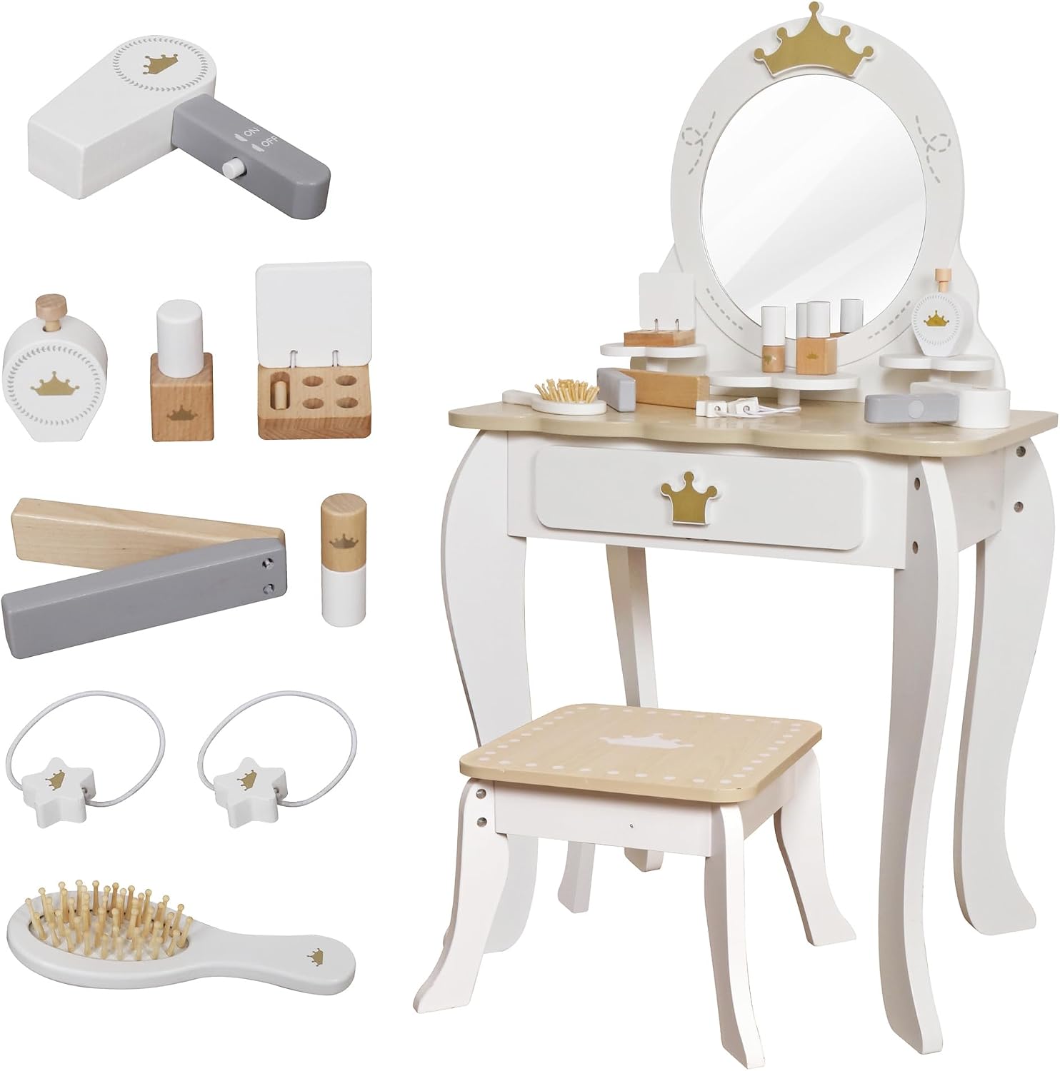 Little Girls Makeup Table with Mirror and Chair, Kids Vanity Table&Chair Set with Storage Drawer,Toddler Pretend Play Vanity Set with 9 pcs Multiple Make up Accessories,Princess Vanity Desk for 3+Kid