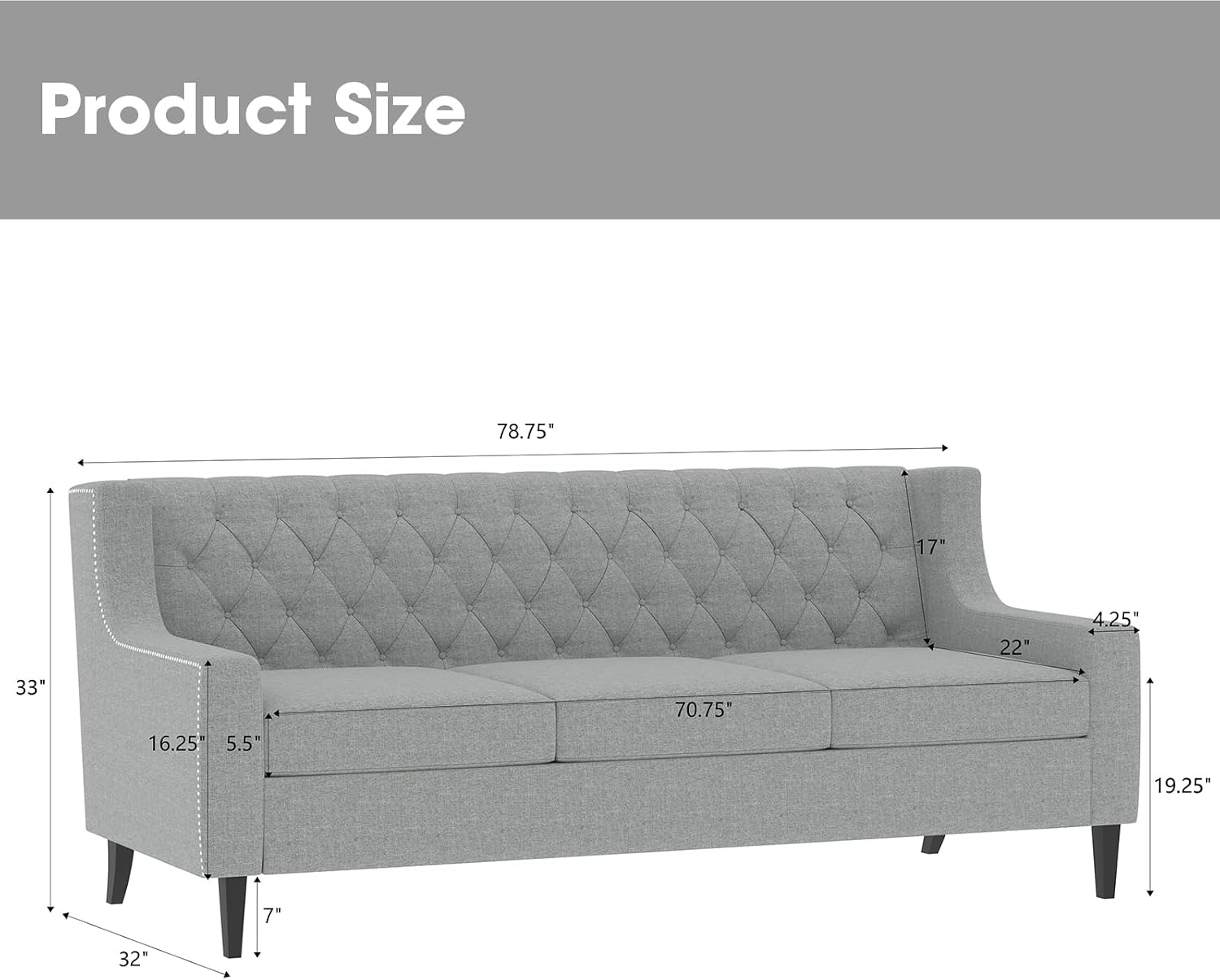 GDFStudio 78.75' 3-Seater Sofa, Button Tufted Backrest Big Comfy Couch with Plush Cushions, Mid Century Modern Couches Home Living Room Sofa, Upholstered Sofas & Couches for Apartment Bedroom, Grey