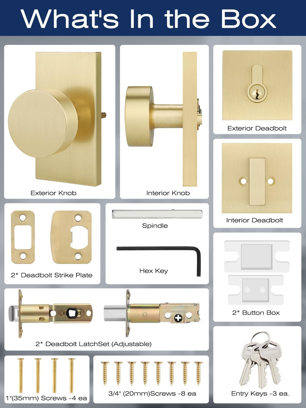 Entry Door Locksets with Deadbolt, 3 Pack Door Knobs Interior, Gold Door Handle with Single Deadbolt, Keyed Entry Door Knob, Universal for Left/Right Handled Doors, Satin Brass Door Lever Set