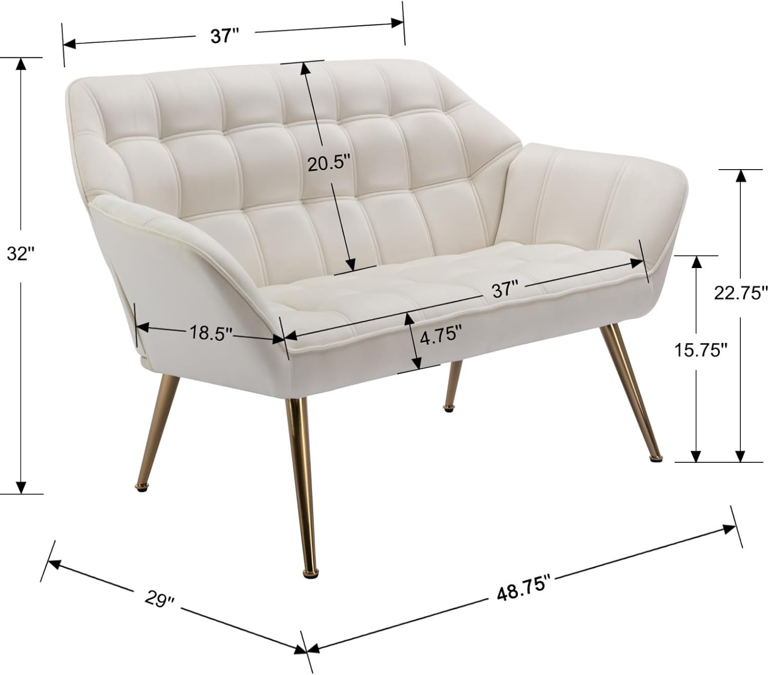 48'Small Loveseat Sofa, Modern Velvet Upholstered Mini Couch 2-Seater Fluffy Love Seat with Quilting Backs and Metal Legs for Small Space Living Room, Bedroom, Beige