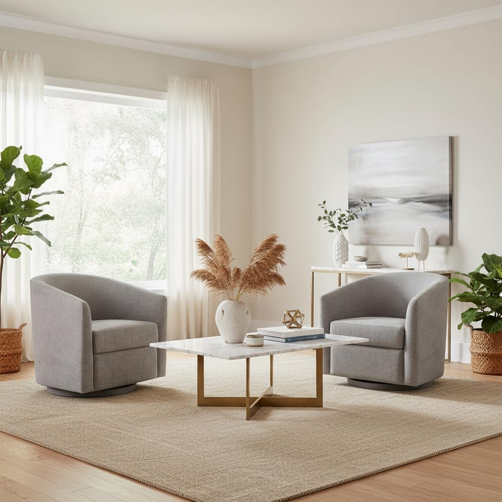 Zihanhome Chenille Swivel Accent Chair, Living Room Chairs, No Assembly Upholstered Armchair, 360°Rotating Barrel Chair for Bedroom, Apartment & Reading Nook (1, Light Grey)