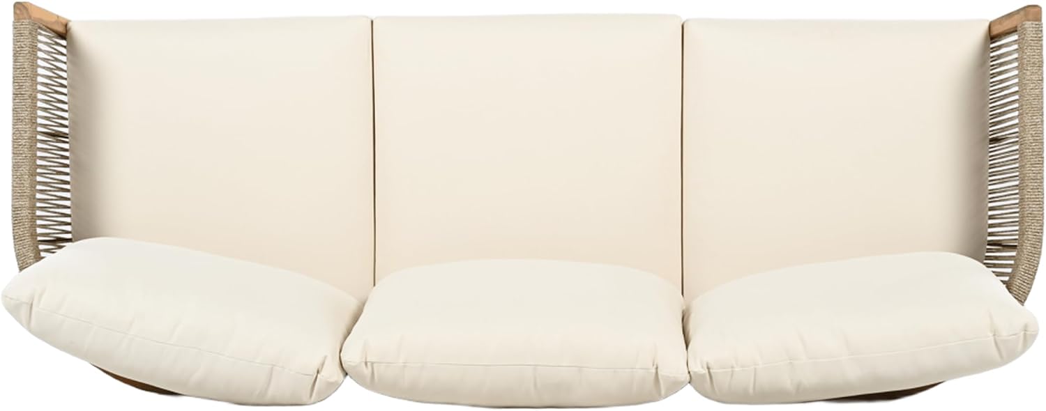 Christopher Knight Home Havets 77'W Outdoor 3 Seater Sofa, 6' Thick Cushion Couch, Acacia Wood Bench Sofa, Comfy Woven Rope Armchair, Spacious Seating Bench Couch for Backyard Garden Porch, Teak+Beige