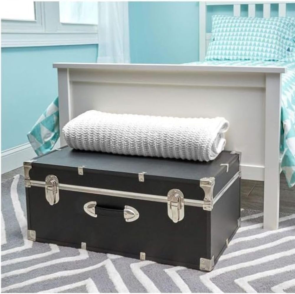 30-Inch Storage Trunk Lockable College Dorm Footlocker Heavy-Duty Camp Chest Travel Organizer Durable Wooden Utility Box with Nickel Hardware for Bedroom Office, Black Finish