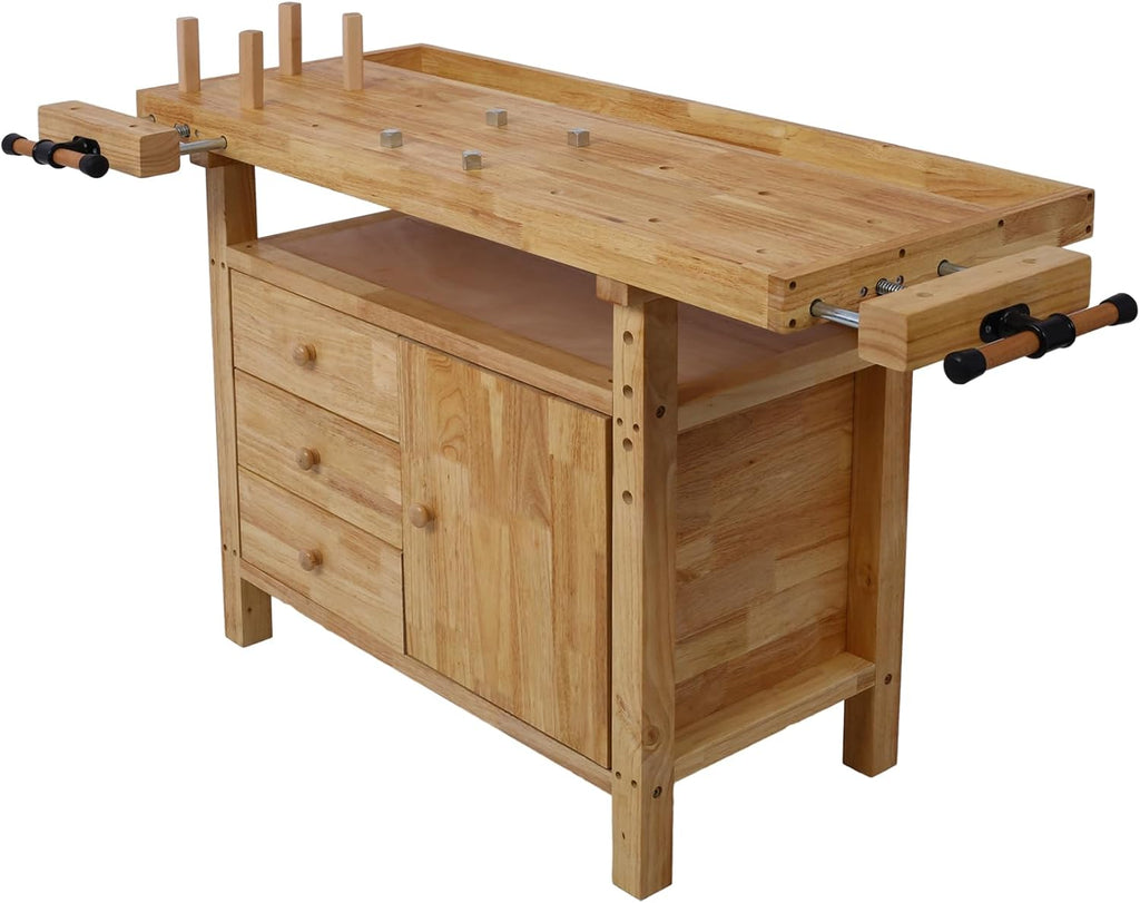 Tidyard Wood Workbench, Heavy-Duty Rubberwood Work Table with Bar Clamps Set 12 inch and 24 inch, Four Metal Pillars and Storage Drawers for Garage Workshop Home DIY Projects