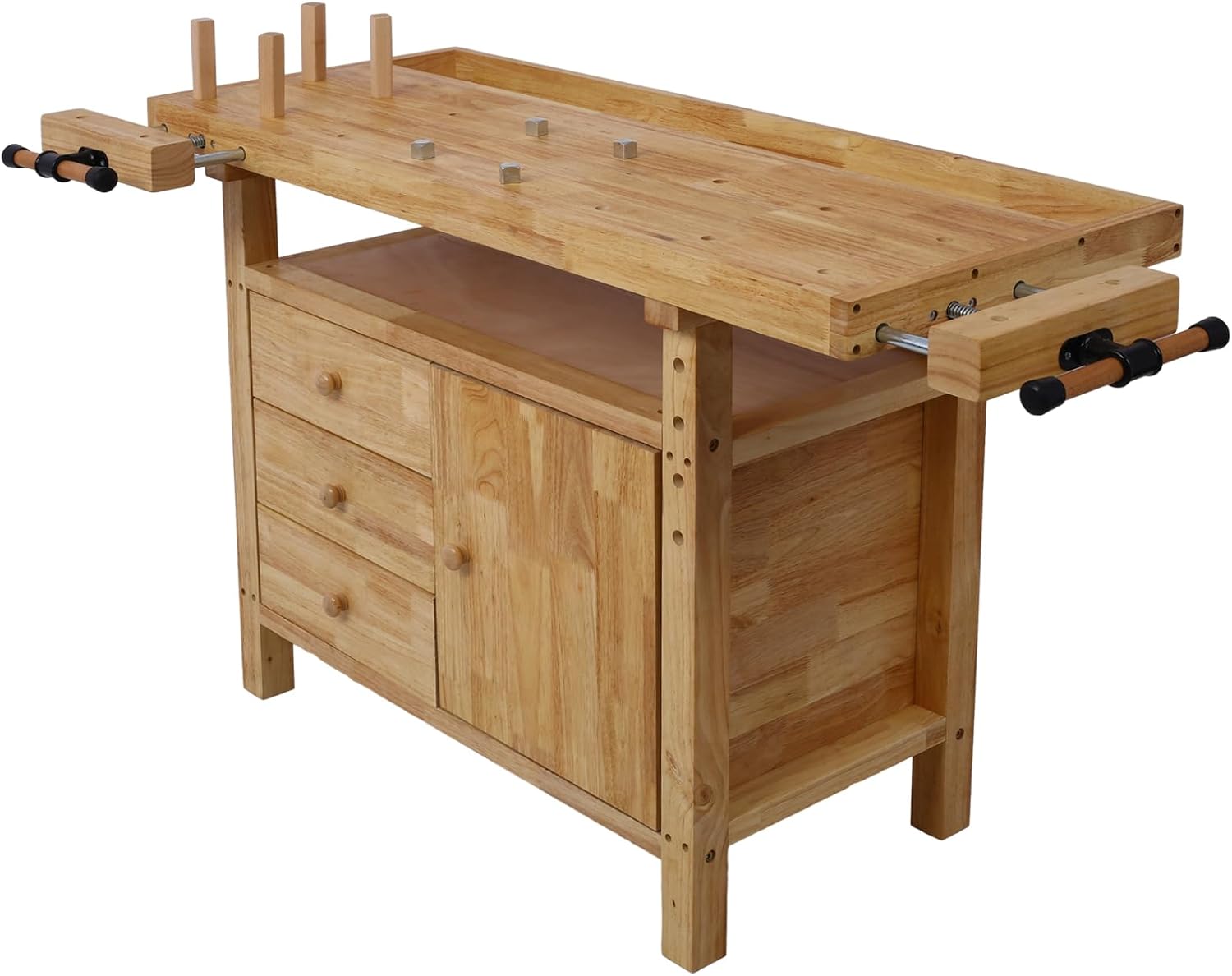 Tidyard Wood Workbench, Heavy-Duty Rubberwood Work Table with Bar Clamps Set 12 inch and 24 inch, Four Metal Pillars and Storage Drawers for Garage Workshop Home DIY Projects