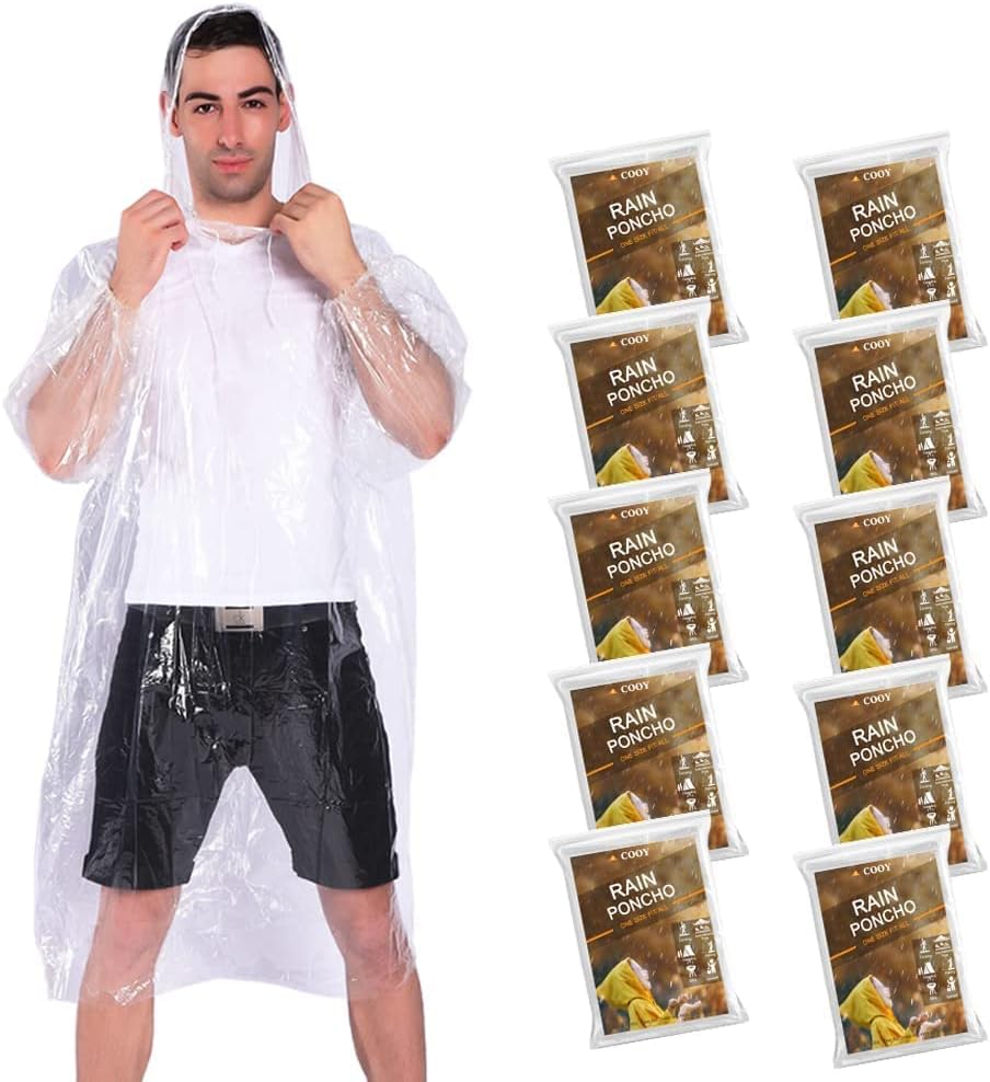 COOY Rain Ponchos,with Drawstring Hood （10 Pack） Emergency Disposable Rain Ponchos Family Pack for Adults,Clear
