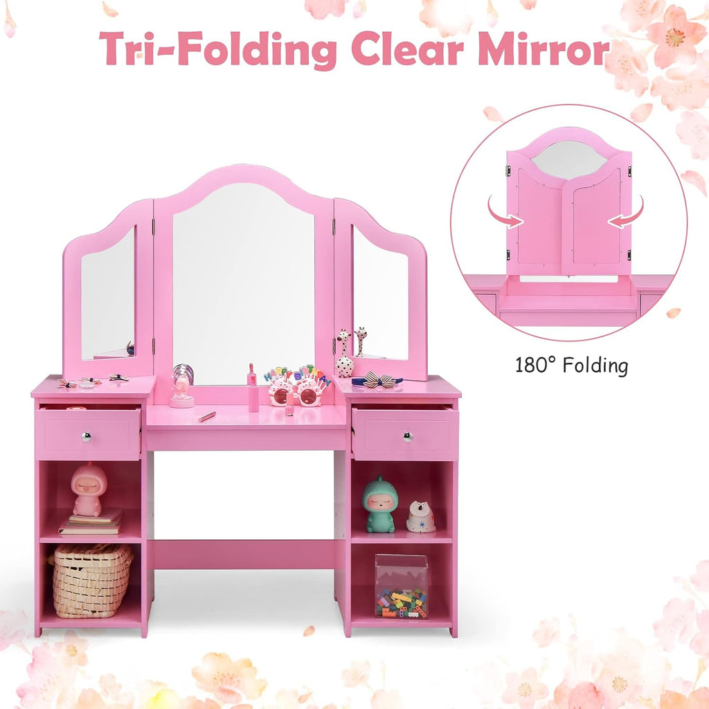 AKUSTIK Kids Vanity, 2 in 1 Wooden Princess Makeup Table and Chair for Toddlers with Tri-Folding Detachable Mirror, Storage Drawers for Little Girls, Pretend Beauty Dressing Desk Play Set Toy Gift