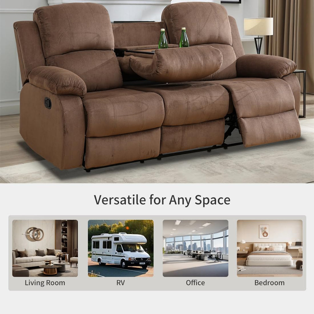 Living Room Furniture Set, Manual Reclining Sofa Set, Brown Corduroy Recliner Couch Sets with Drop-Down Table, Recliner Sofa with Storage Console/Cup Holder for Living Room/Apartment
