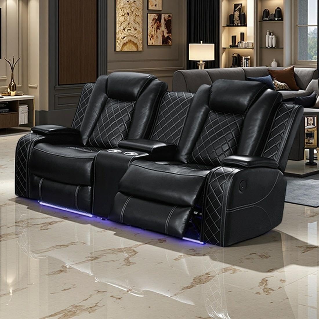 Leather Recliner Loveseat Set with LED Light, Power Black Leather Sectional Set, Living Room Furniture Sets 2 Seats, Modern Power Reclining Sofa Sets with Storage Console/Cup Holder for Living Room