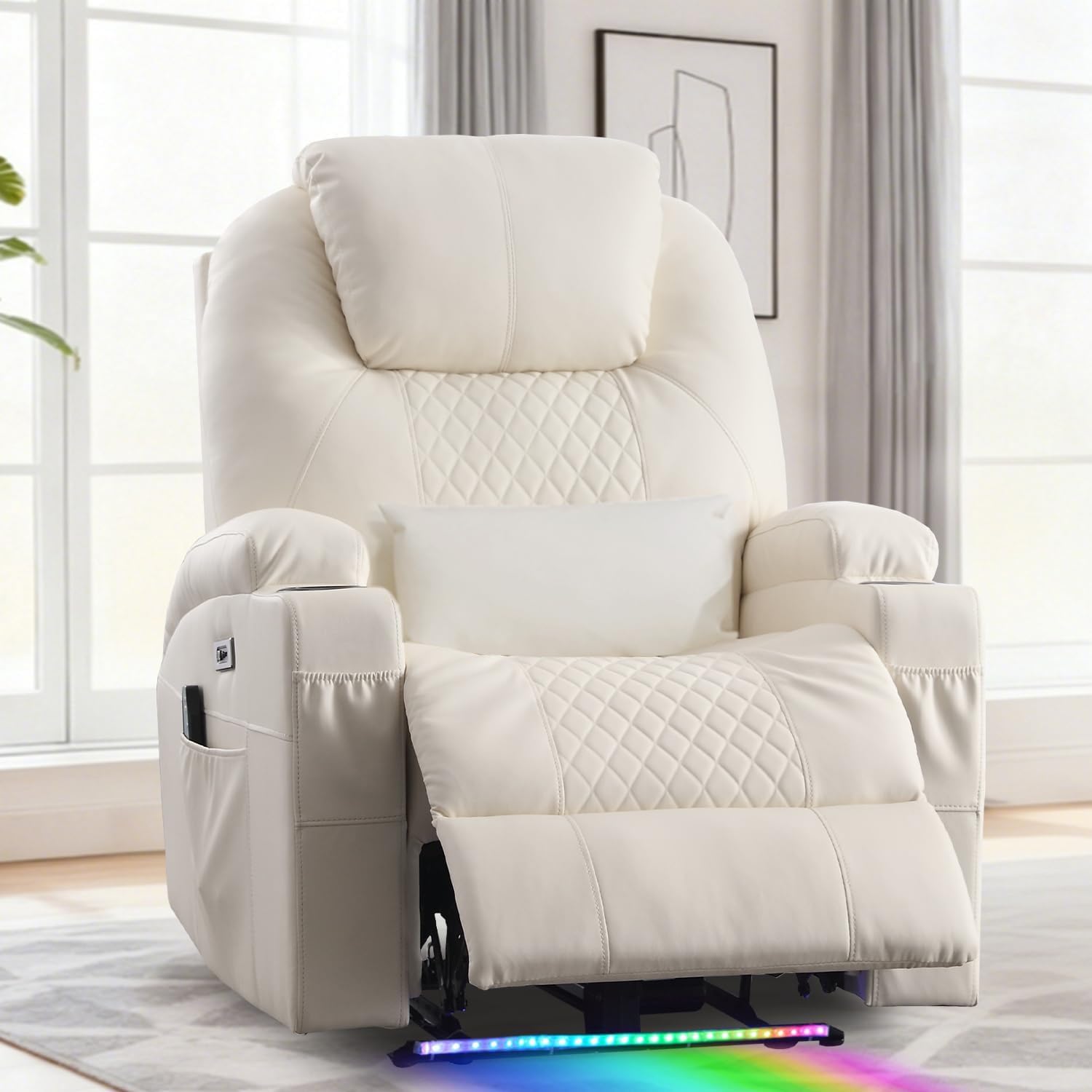 Power Recliner Chair with Heat and Massage for Adults - Home Theater Seating with LED Lights,Cup Holders,Side Pocket,USB Port - Recliner Sofa for Living Room (Beige, Set of 2)