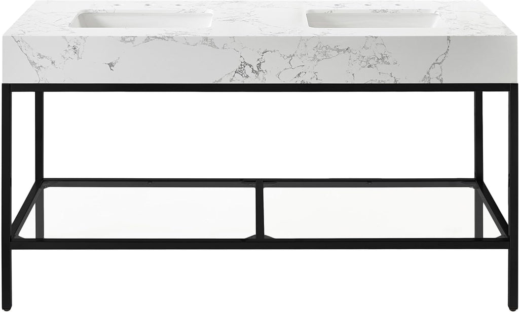 Meridian Furniture 407White-60 Marmo Collection Modern | Contemporary Bathroom Vanity with White Engineered Stone with Grey Veining, Matte Black Metal Base, 60' W x 23' D x 34' H, White