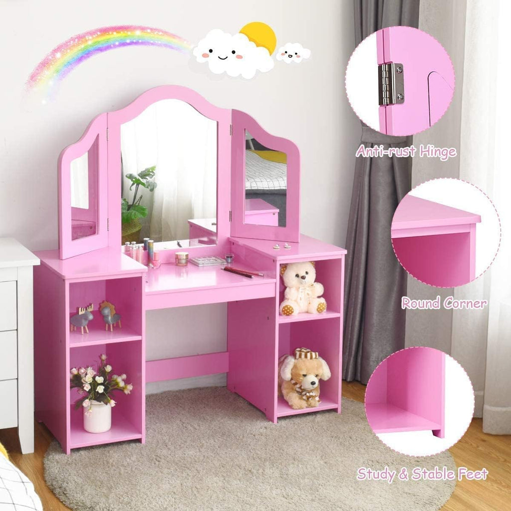 AKUSTIK Kids Vanity, 2 in 1 Pink Wooden Dressing Table for Toddlers with Tri-Folding Detachable Mirror, Storage Shelves, Pretend Princess Beauty Make Up Play Set for Little Girls