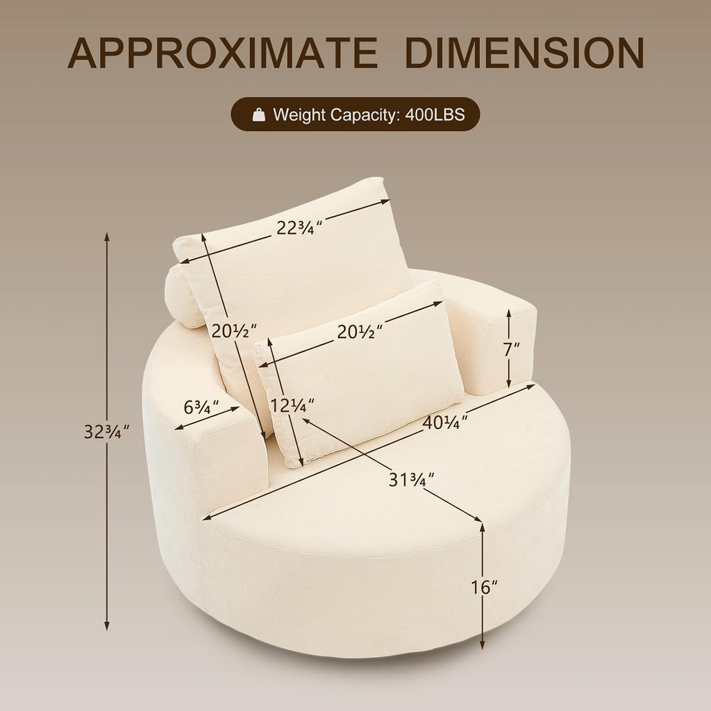 Furnimart 360° Swivel Oversized Barrel Chair, Chenille Upholstered Round Accent Chair with High Density Sponge, No Assembly Lazy Sofa for Living Room Bedroom Office, Beige