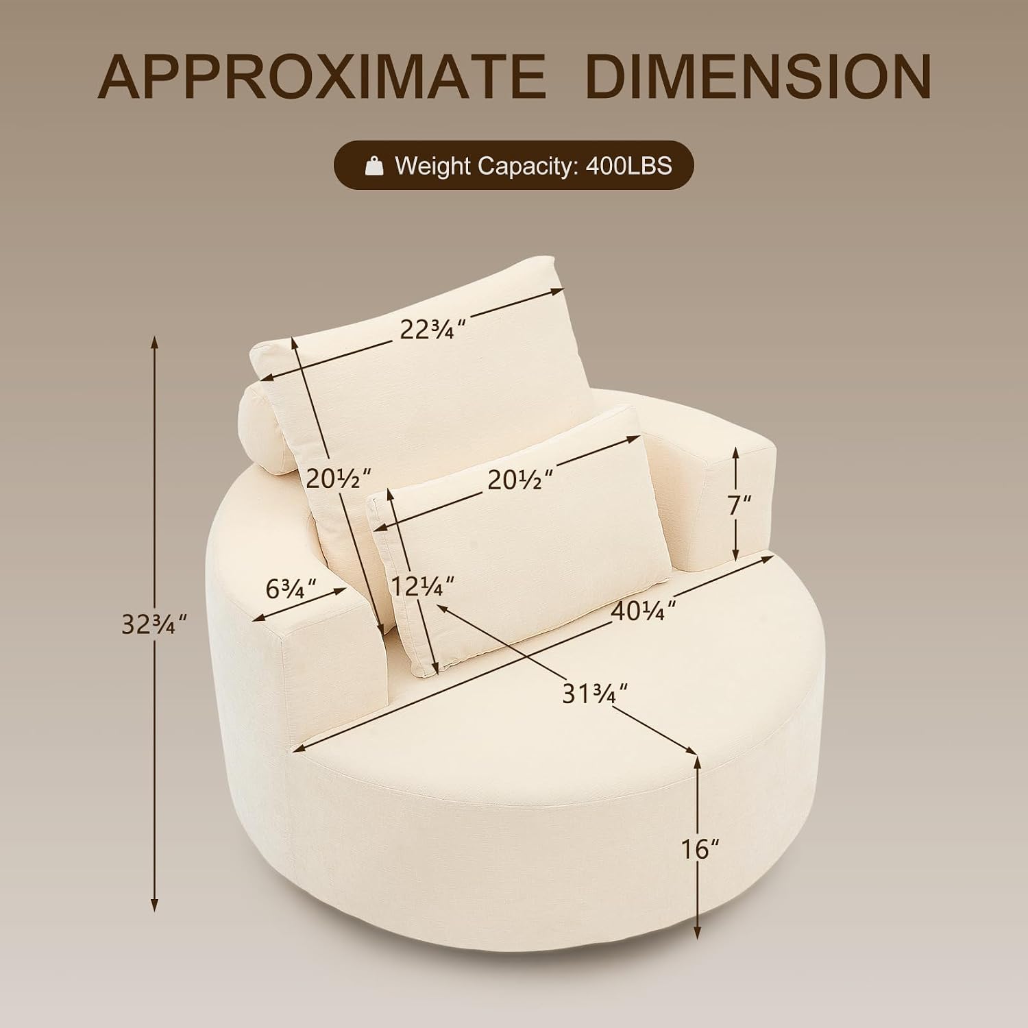 Furnimart 360° Swivel Oversized Barrel Chair, Chenille Upholstered Round Accent Chair with High Density Sponge, No Assembly Lazy Sofa for Living Room Bedroom Office, Beige