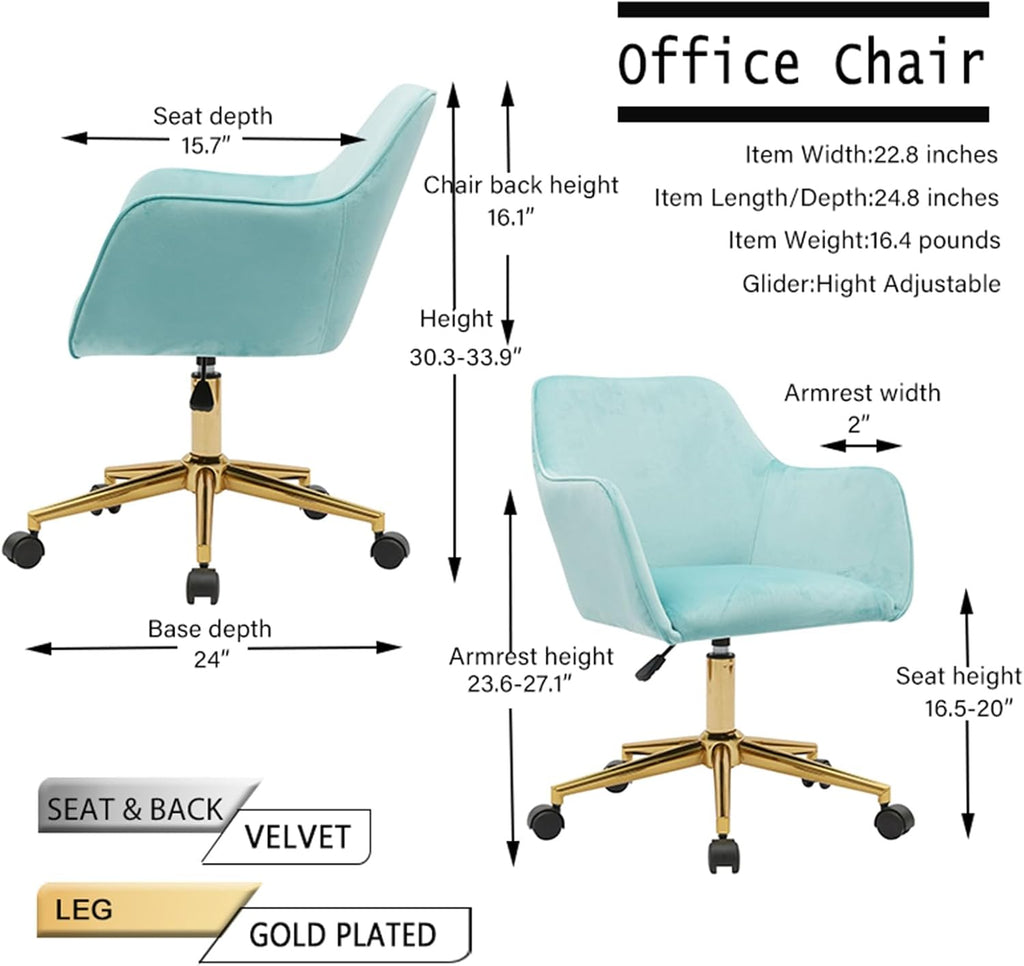 Modern Velvet, Height Adjustable, 360° Swivel Office Chair, Upholstered Cosmetic Dresser Armchair with Metal Feet and Backrest, Bedroom Furniture Light Blue