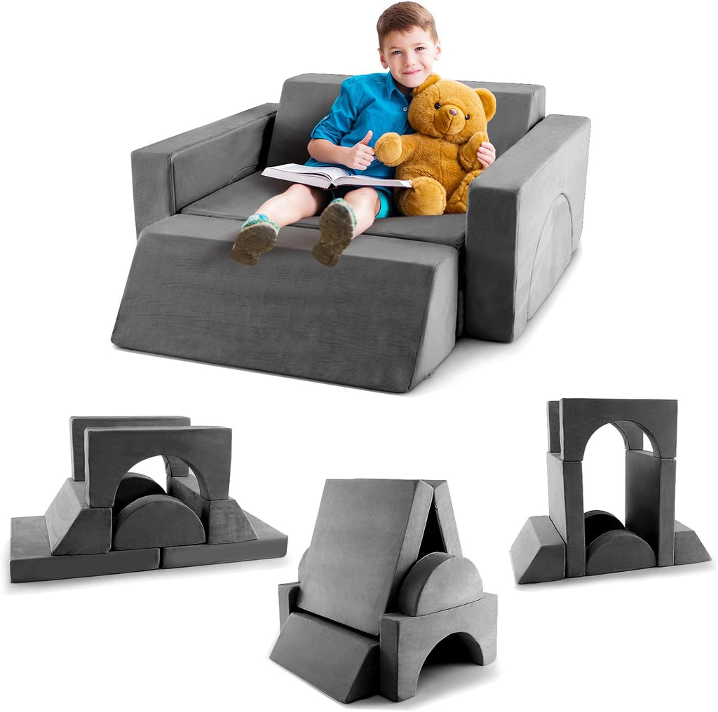 Costzon Convertible Toddler Couch, 8PCS Kids Modular Play Sofa w/Detachable Cover for Playroom, Creative Couch for Playing, Creating & Sleeping, Imaginative Furniture for Girls & Boys (Gray)