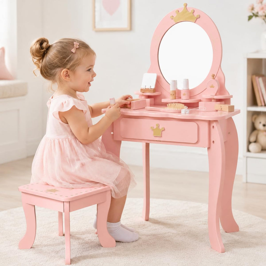 Little Girl Makeup Table with Mirror and Chair,Kids Vanity Table&chair Set with Storage Drawer,Toddlers Pretend Play Vanity with 9pcs Multiple Make up Accessories, Princess Vanity Desk for 3+ (pink)