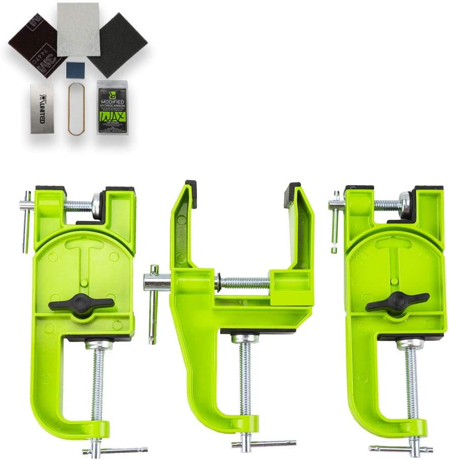DEMON UNITED Muzzle Ski Vise -3 Vise Pcs- Quality Metal Construction- Includes 3 Buff Pads, Metal Scrapper, Cork&Felt Brush, 2 Ski Brake Retainers, 133gm Demon Hydrocarbon Speed Wax, Gummy Stone