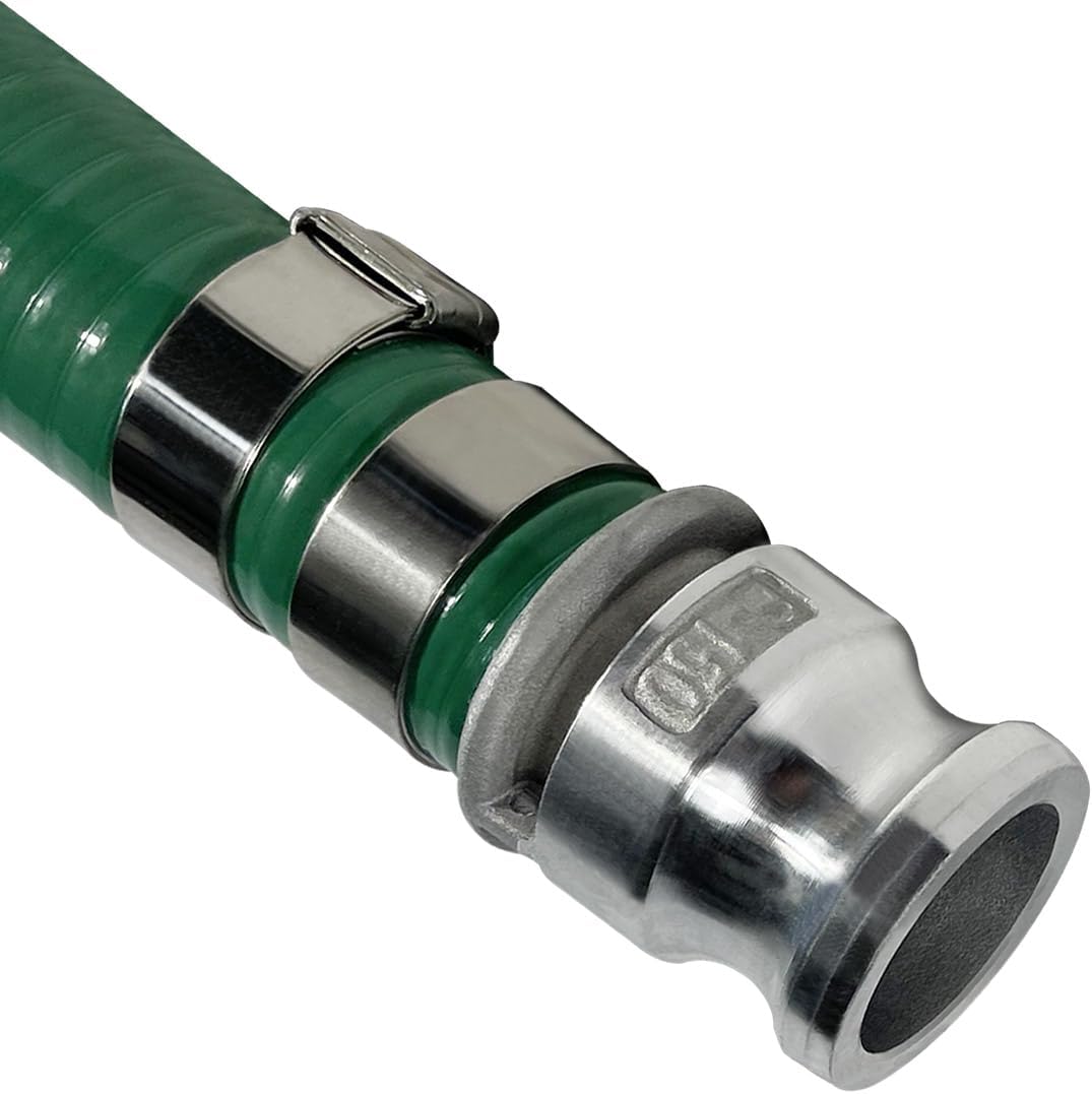 Gloxco Heavy Duty Green PVC Suction Hose Assembly for Water Transfer, 1-1/2' Inside Diameter, Installed Male x Female Cam and Groove Fittings, 33 ft Length