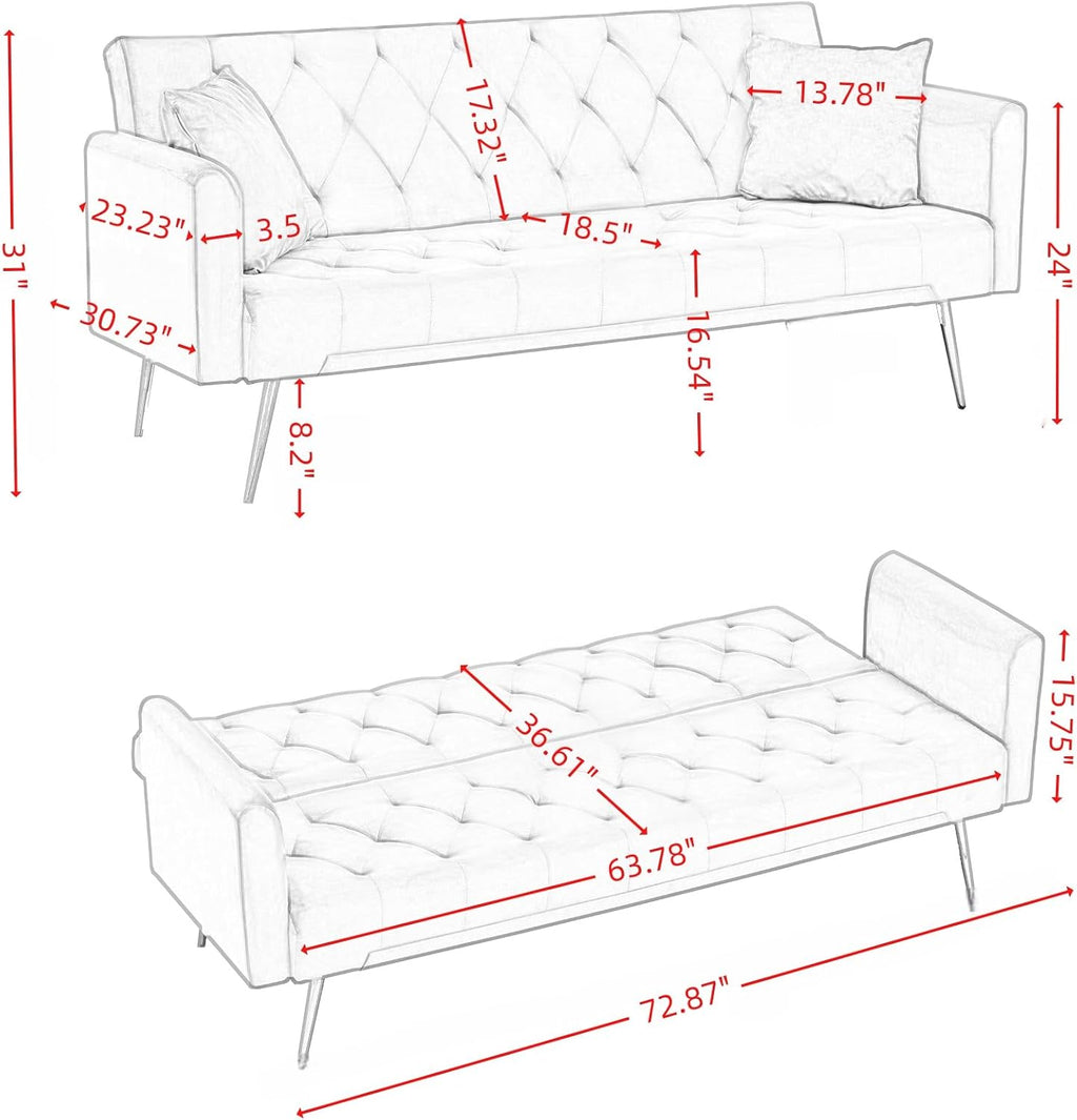 KEIKI 72' Futon Sofa Bed, 2-in-1 Loveseat, Velvet Upholstered Couches for Living Room, Sofa Sleeper for Small Space, Comfy Rest Folding Bed, Modern Apartment Essentials for Bedroom, Gray
