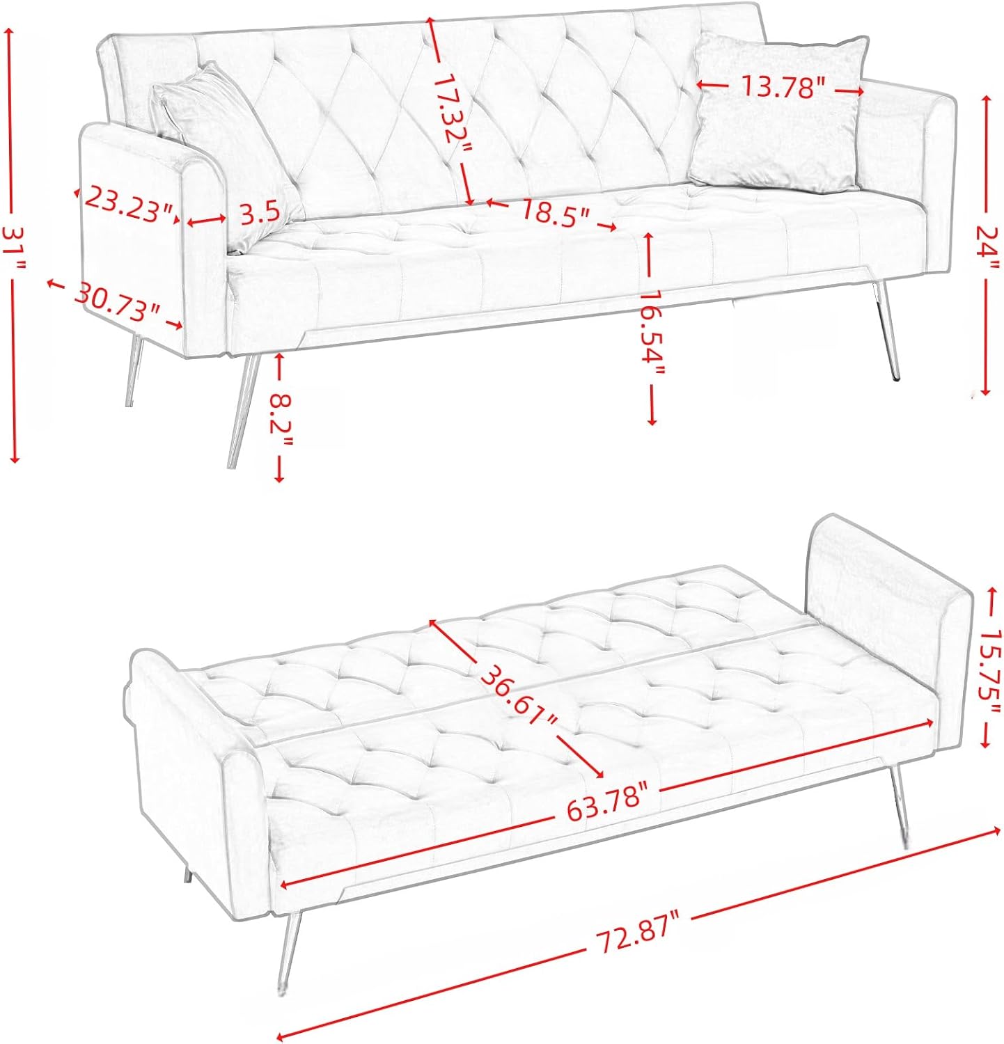 KEIKI 72' Futon Sofa Bed, 2-in-1 Loveseat, Velvet Upholstered Couches for Living Room, Sofa Sleeper for Small Space, Comfy Rest Folding Bed, Modern Apartment Essentials for Bedroom, Gray