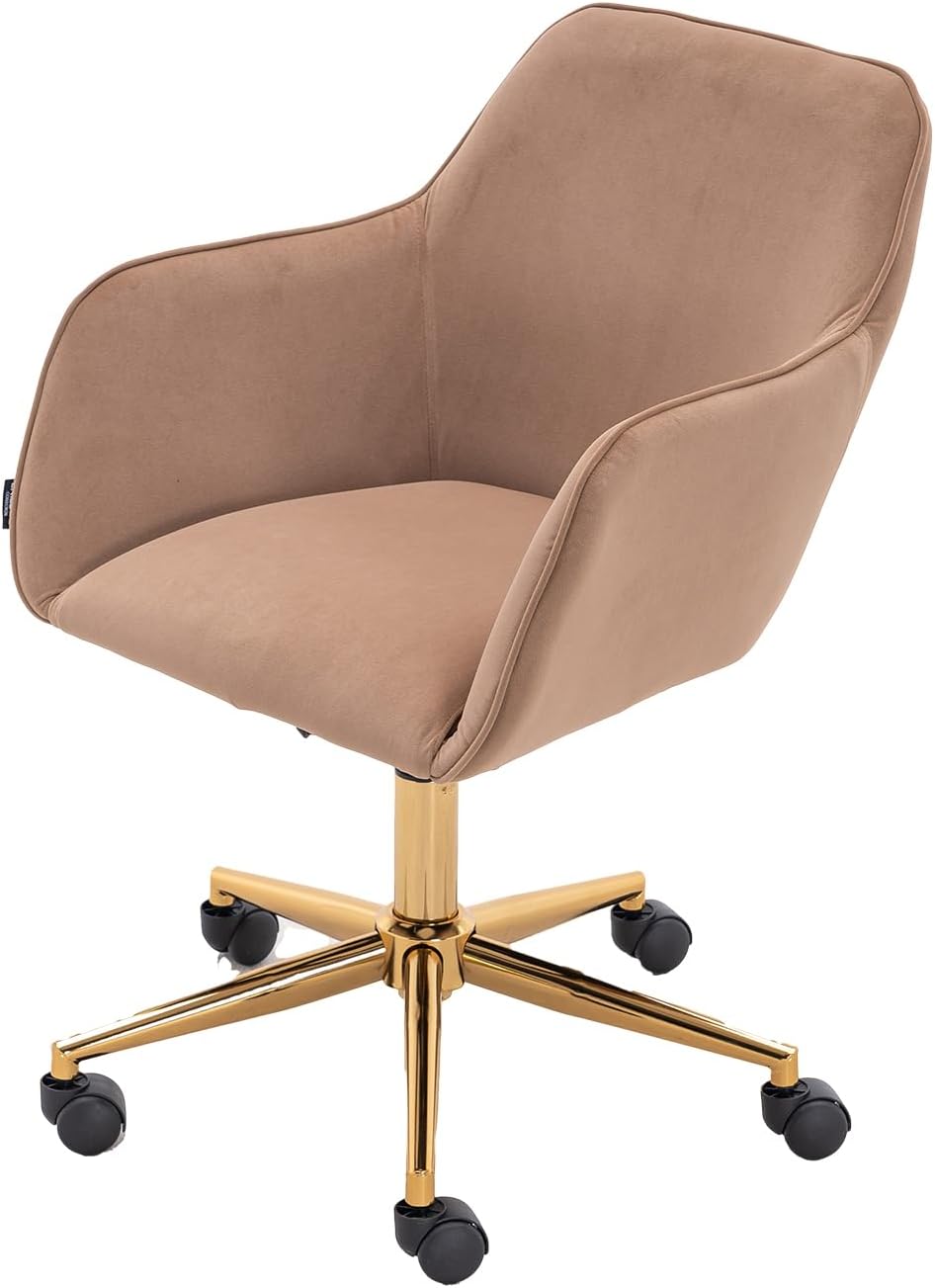 Modern Velvet, Height Adjustable, 360° Swivel Office Chair, Upholstered Cosmetic Dresser Armchair with Metal Feet and Backrest, Bedroom Furniture Light Coffee