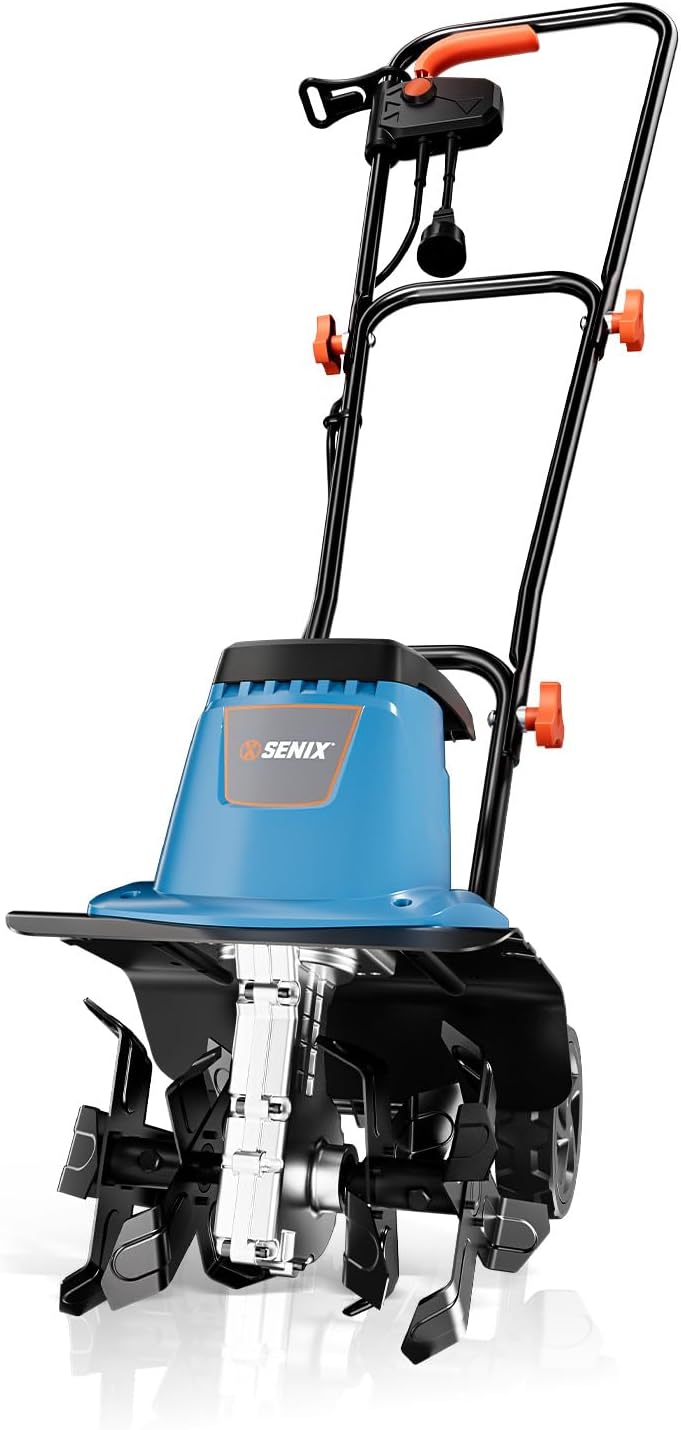 SENIX Electric Corded Garden Tiller & Cultivator, Steel Tines, 8 Amp, 12″ Till Width,8″ Till Width 3-Position Wheel Adjustment-Heavy Duty Gardening Machine Equipment for Lawn, Yard, & Grass