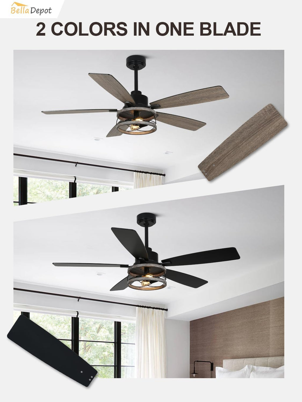 Bella Depot 52' Farmhouse Caged Ceiling Fan with Light, Remote Control & Silent Motor, Industrial Chandelier Style Fandelier for Bedroom Living Room Dining Room