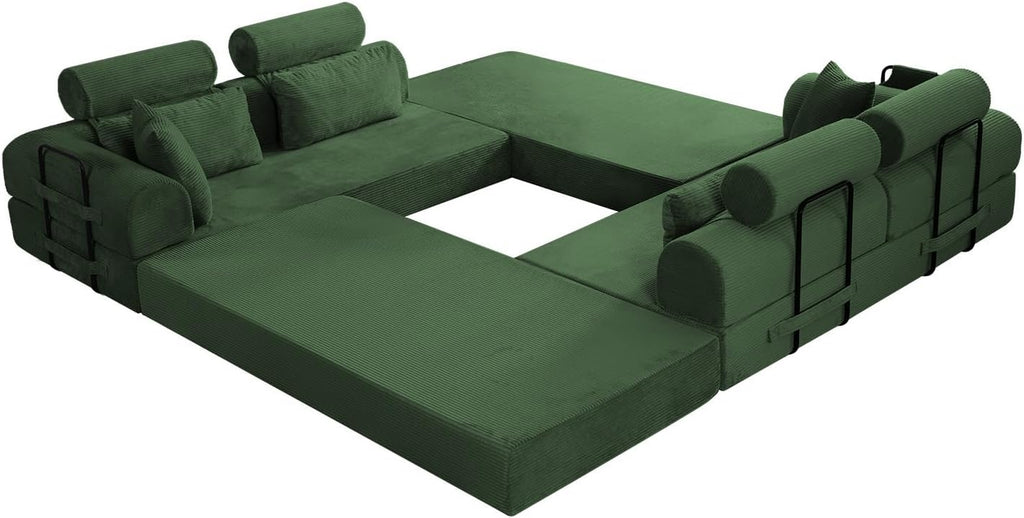 KEIKI 6-in-1 Folding Convertible High Back Sofa Sleeper, 106' Oversized Modular Sectional Corduroy Upholstered L Shape Couches for Living Room, Premium Foam for Contemporary Family Room, Green