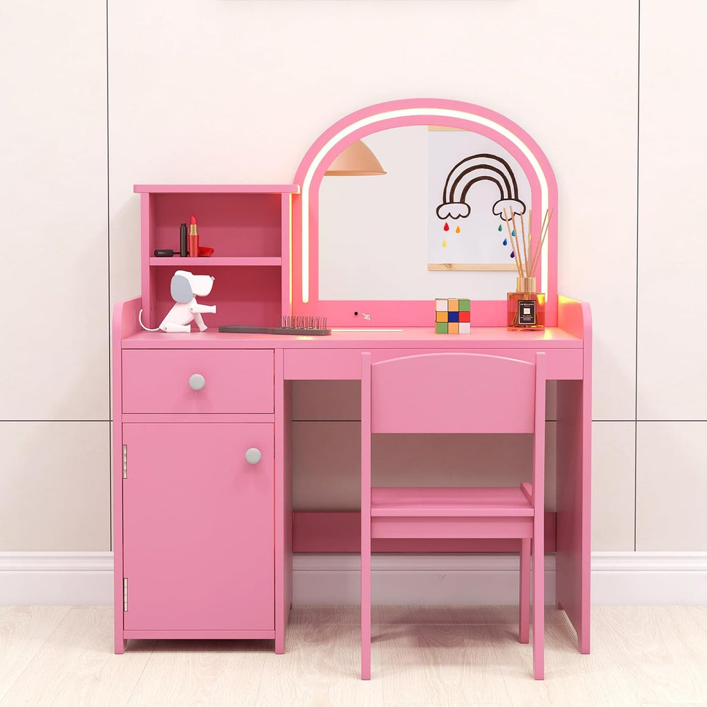 INFANS Kids Vanity, Princess Makeup Desk and Chair Set with Lights Mirror Drawer Storage Shelves, Wooden Dressing Table, Pretend Play Vanity Set for Girls