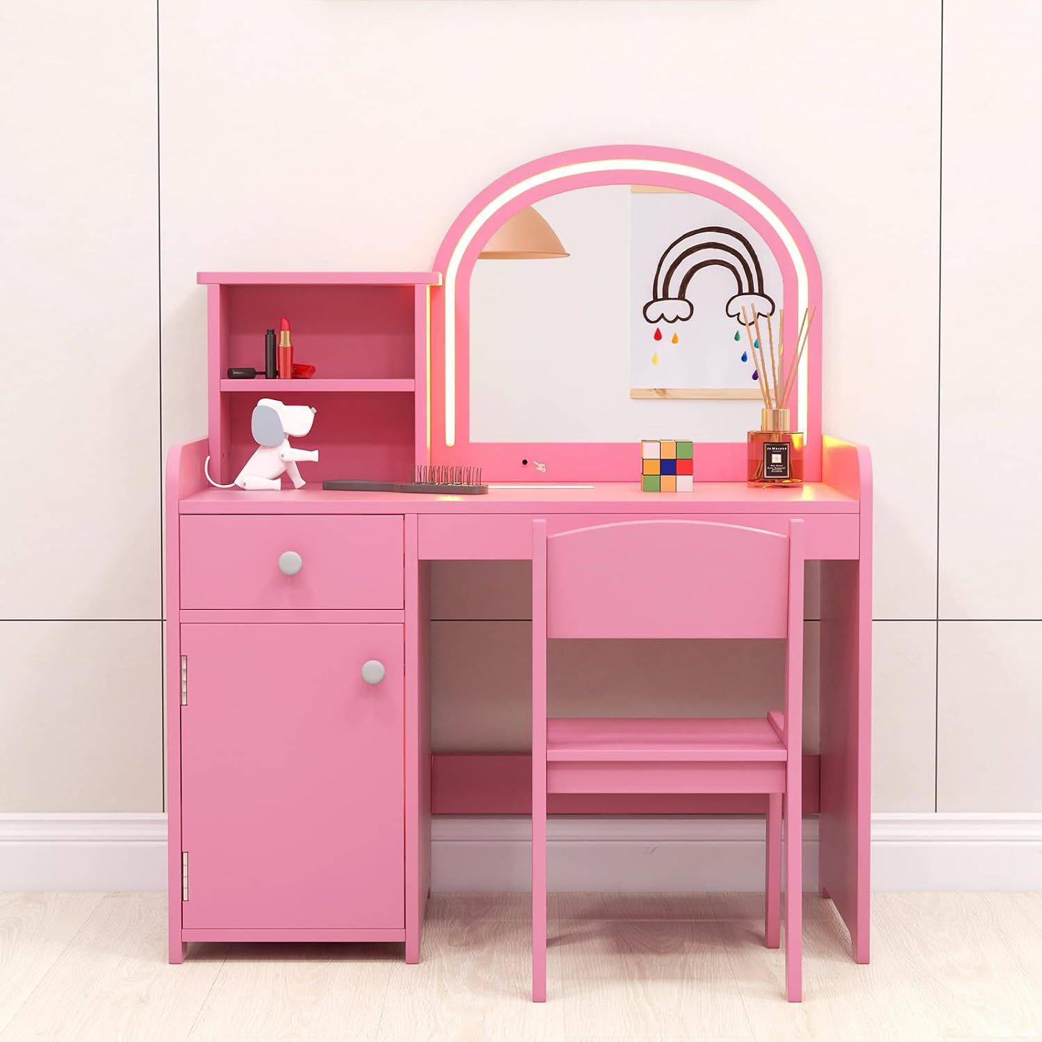 INFANS Kids Vanity, Princess Makeup Desk and Chair Set with Lights Mirror Drawer Storage Shelves, Wooden Dressing Table, Pretend Play Vanity Set for Girls