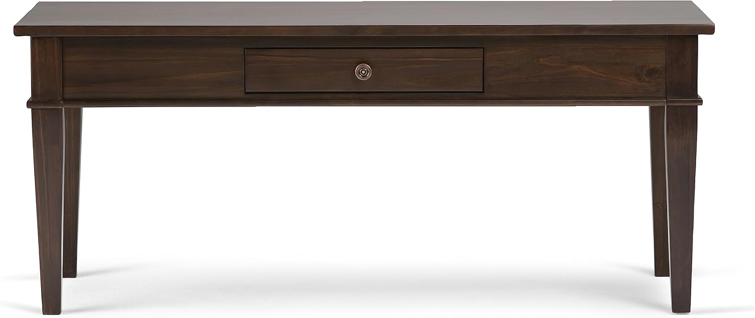 SIMPLIHOME Carlton Coffee Table - 44 inch Wide Solid Wood Transitional Cocktail Table in Dark Tobacco Brown, Classic Living Room Table with Open Storage Shelf and Clean-Lined Tapered Leg Design
