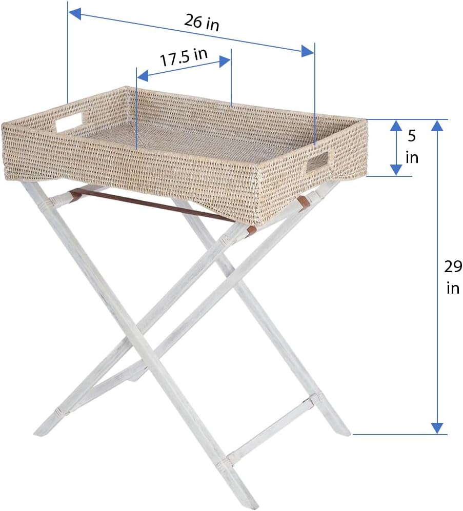 KOUBOO La Jolla Rattan Butler Tray with Folding Stand, Hand-Woven Decorative Tray, Coffee Table Trays, Serving Breakfast Bed Room Tray, Home Decor, White Wash