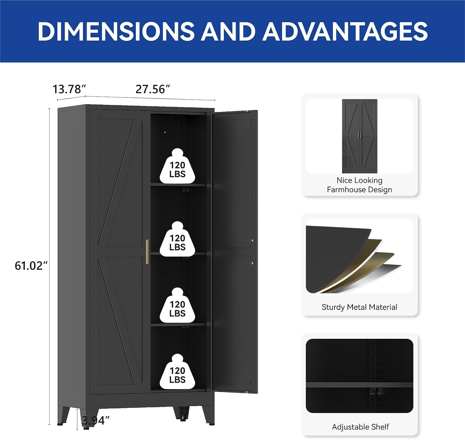 COFaR Metal Pantry Cabinet with Doors, Farmhouse 61'' Tall Storage Cabinet with 3 Adjustable Shelves, Kitchen Pantry Cabinet for Dinning Room, Garage, Laundry, Bathroom, Black 4-Tier