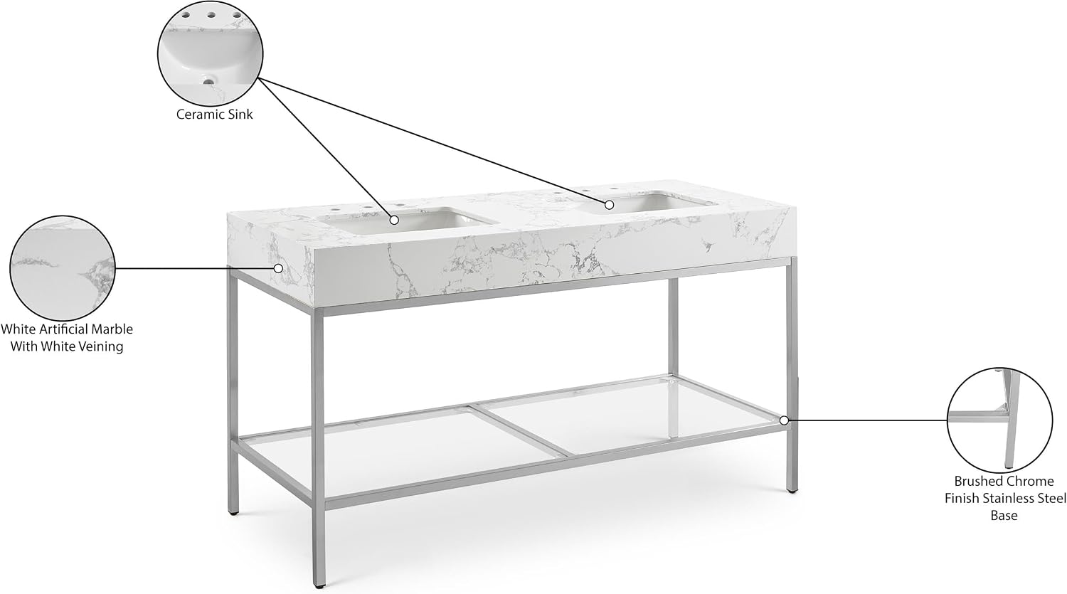 Meridian Furniture 408White-60 Marmo Collection Modern | Contemporary Bathroom Vanity with White Engineered Stone with Grey Veining, Brushed Chrome Stainless Steel Base, 60' W x 23' D x 34' H, White