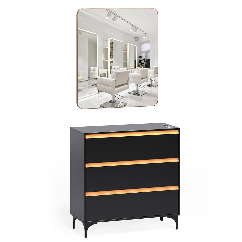OmySalon Salon Station for Hair Stylists, Barber Free Standing Styling Cabinet with 3 Drawers, Square Mirror & Hair Dryer Holders, Modern Black Gold Beauty Dresser for Salon, Spa, Home