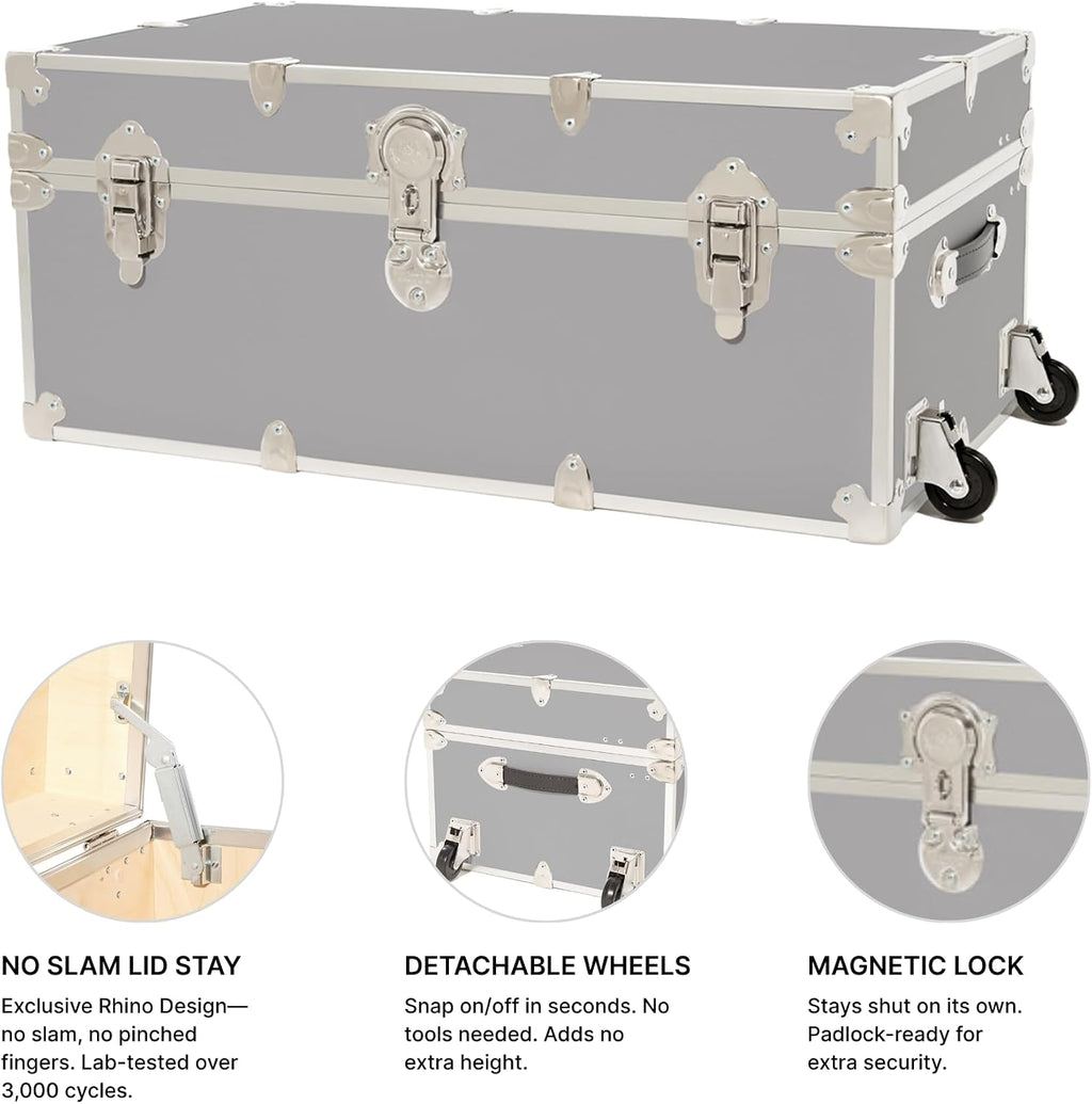 Rhino Trunk & Case Classic Camp & College Trunk with Wheels. 30'x17'x13', 1500+ lbs Capacity - Many Colors, Soft-Close Lid. Strong, USA Made Summer Camp Footlocker and Secure Dorm Storage Chest