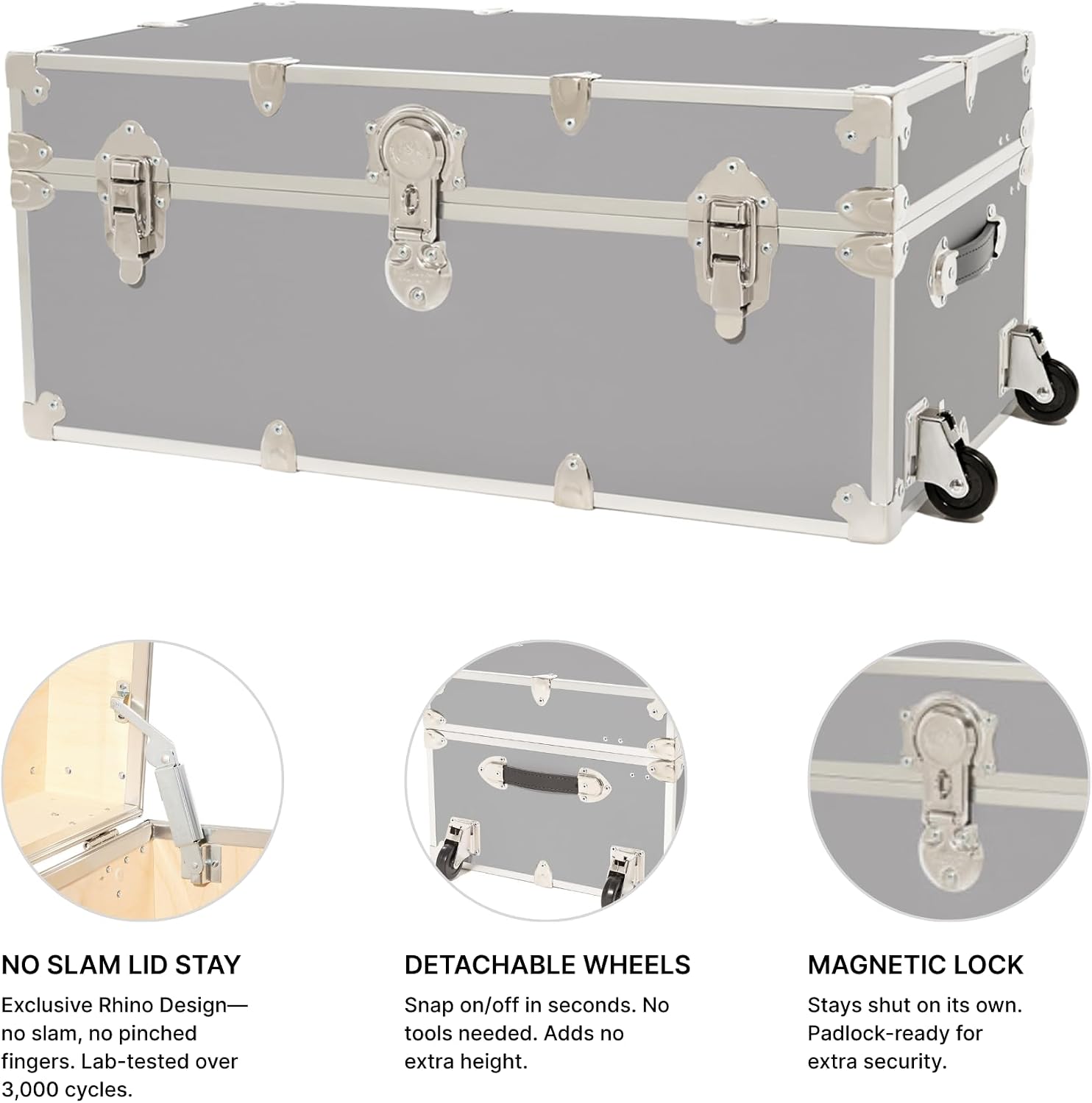 Rhino Trunk & Case Classic Camp & College Trunk with Wheels. 30'x17'x13', 1500+ lbs Capacity - Many Colors, Soft-Close Lid. Strong, USA Made Summer Camp Footlocker and Secure Dorm Storage Chest