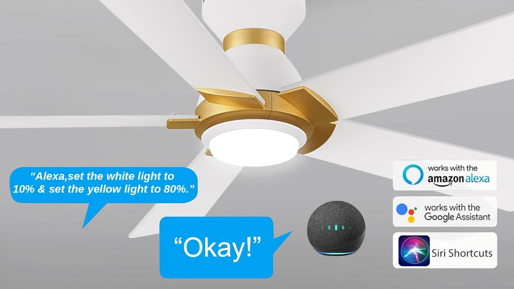 Carro Smart Flush Mount Ceiling Fans with Lights 52', 3 Light Colors Dimmable, 10 Speeds DC Ceiling Fan with Remote, Outdoor, Compatible with Alexa, Siri & Google Home, White Gold