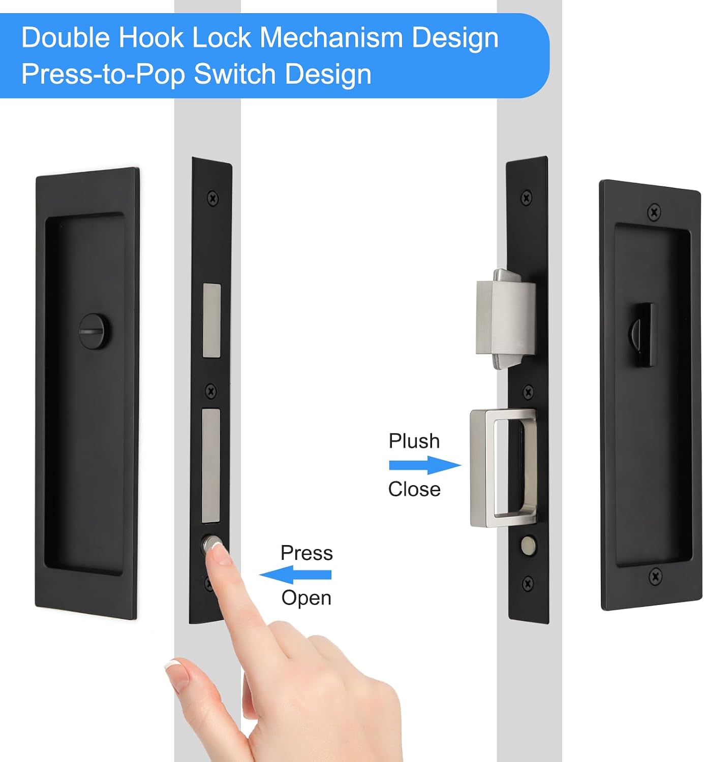Rectangular Pocket Door Mortise Lock and Edge Pull, Narrow Modern Sliding Door Pop-Up Handle, (Bed/Bath) Pull Latch, Recessed Hardware for 1 3/8' to 2 3/16' Thickness (Privacy Lock, Matte Black)