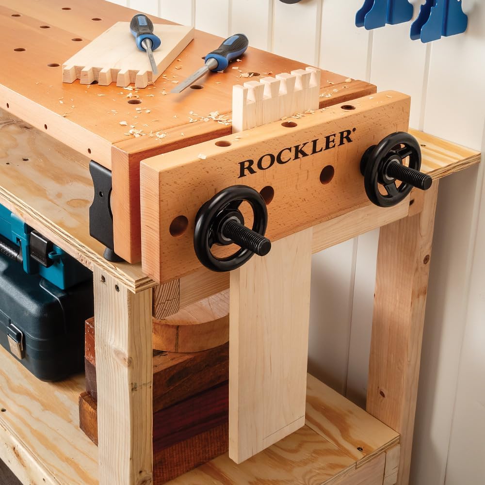 Rockler Handy Bench Portable Woodworking Workbench with Moxon Vise - 16x32 Solid Beech Benchtop, 4x4 Dog Hole Grid - Adjustable Steel Base Brackets, Compact Work Table for Garage or Shop