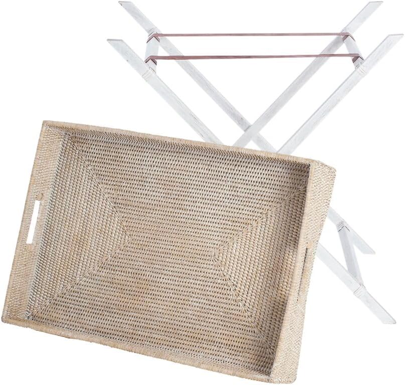 KOUBOO La Jolla Rattan Butler Tray with Folding Stand, Hand-Woven Decorative Tray, Coffee Table Trays, Serving Breakfast Bed Room Tray, Home Decor, White Wash