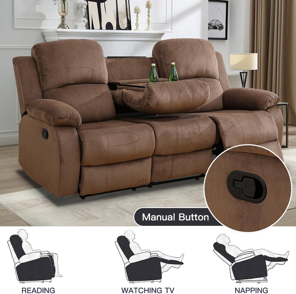 Living Room Furniture Set, Manual Reclining Sofa Set, Brown Corduroy Recliner Couch Sets with Drop-Down Table, Recliner Sofa with Storage Console/Cup Holder for Living Room/Apartment