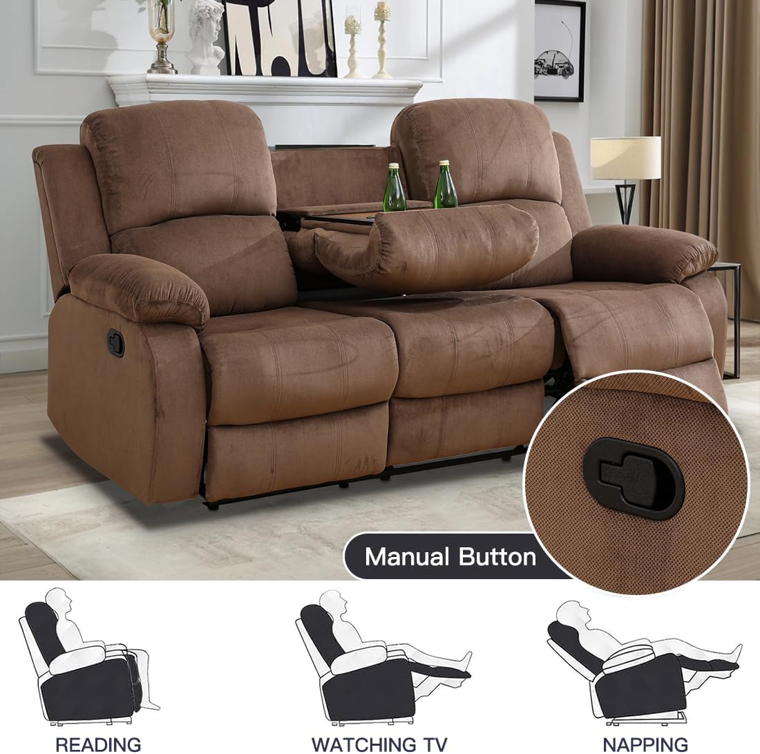 Living Room Furniture Set, Manual Reclining Sofa Set, Brown Corduroy Recliner Couch Sets with Drop-Down Table, Recliner Sofa with Storage Console/Cup Holder for Living Room/Apartment