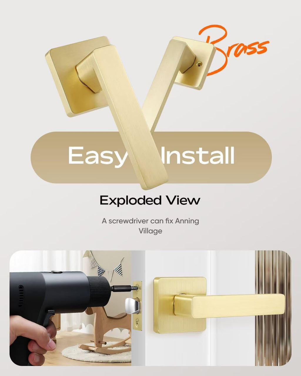 Leydebong 5 Pack Passage Door Handles, Satin Brass Door Knobs Interior, Hallway Closet Door Levers, Heavy Duty Square Door Handle, Reversible for Left or Right Handles
