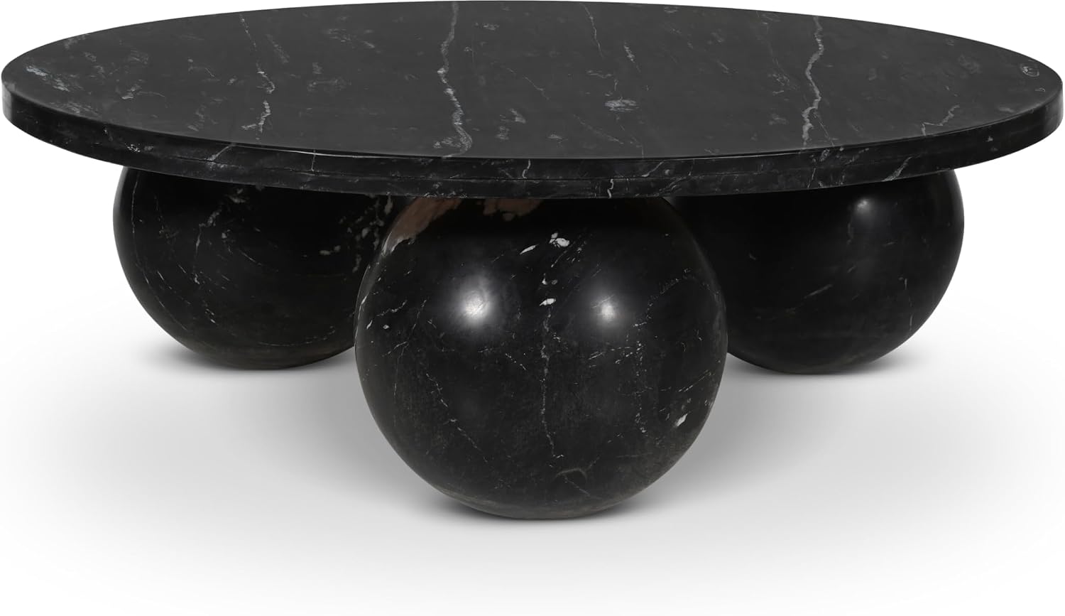 Meridian Furniture 264Black-CT Spherical Collection Art Deco Coffee Table with Genuine Marquino Black Marble, Three Round Ball Shaped Genuine Marble Bases, 39' W x 39' D x 13' H, Black
