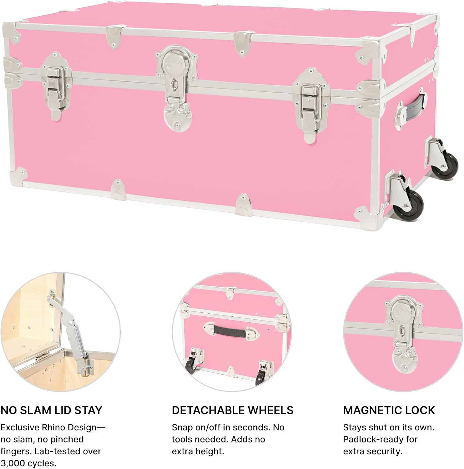 Rhino Trunk & Case Classic Camp & College Trunk with Wheels. 30'x17'x13', 1500+ lbs Capacity - Many Colors, Soft-Close Lid. Strong, USA Made Summer Camp Footlocker and Secure Dorm Storage Chest