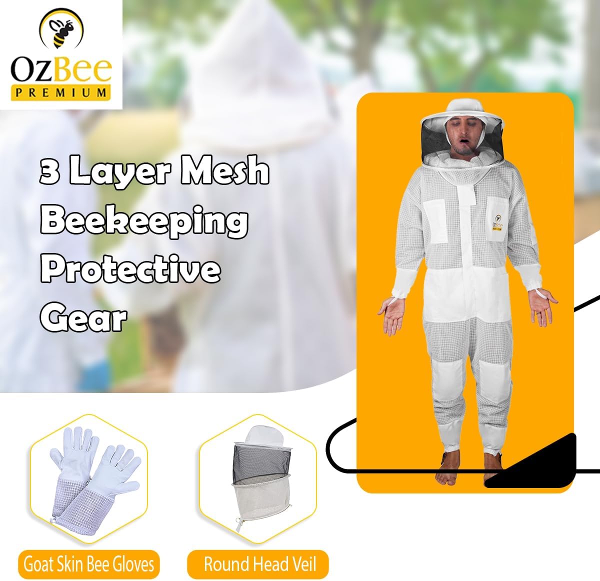 OZBEE 3-Layer Ventilated Mesh Beekeeping Suit with Fencing Hoodie Veil & Round Veil, Includes Goatskin Leather Gloves