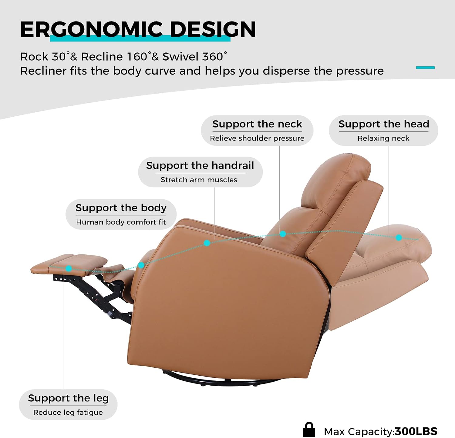 HULALA Home Recliner Chair Leather Recliners, Rocking 360 Degree Swivel Chair, Wingback Armchair, Theater Seating Lounge Sofa for Living Room Bedroom