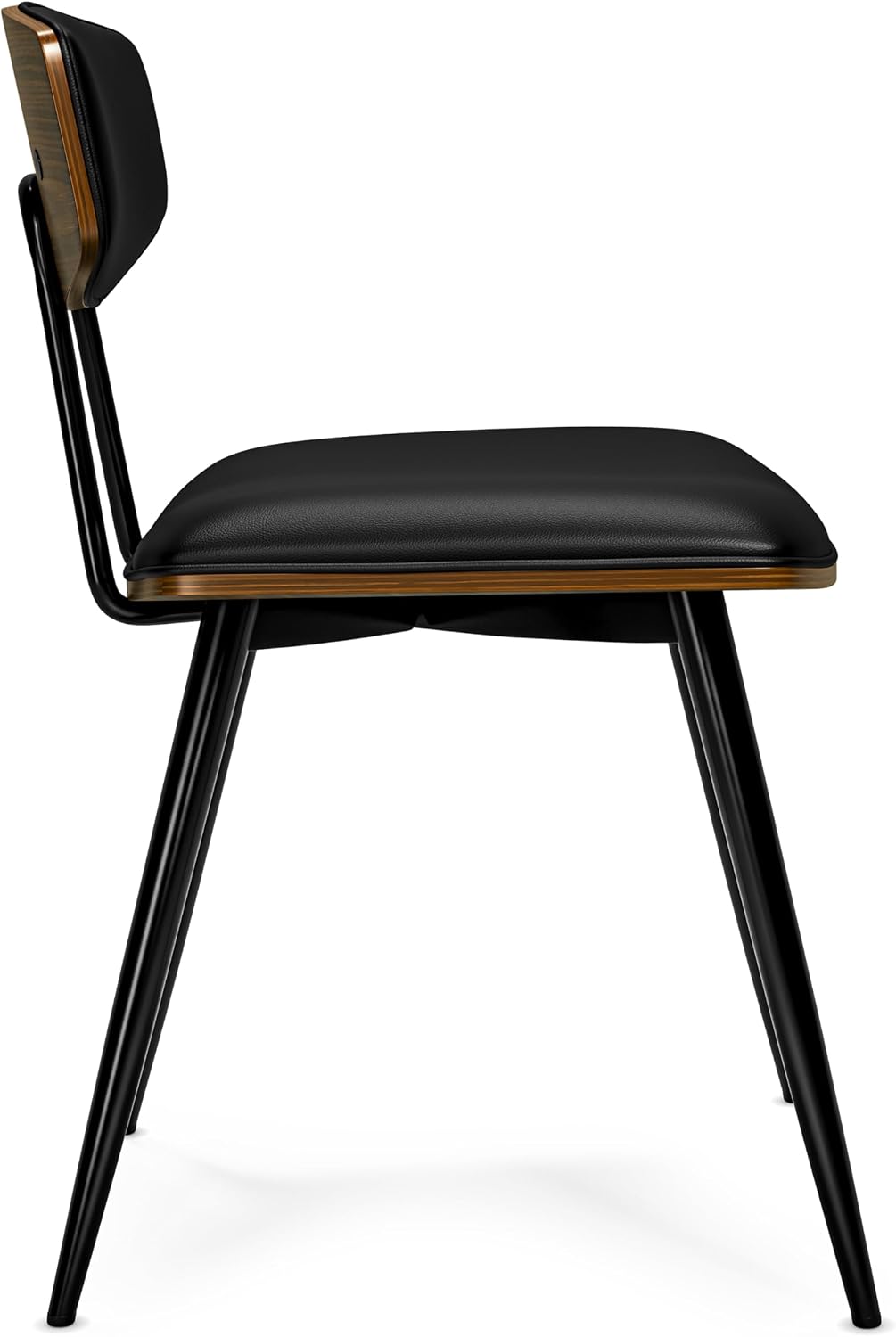 SIMPLIHOME Mavis Dining Chairs - Mid-Century Modern Iron Frame and Vegan Faux Leather Kitchen Chair Set in Black, Dining Room Seating with Curved Wood Veneer Backrest and Padded Seat (Set of 2)